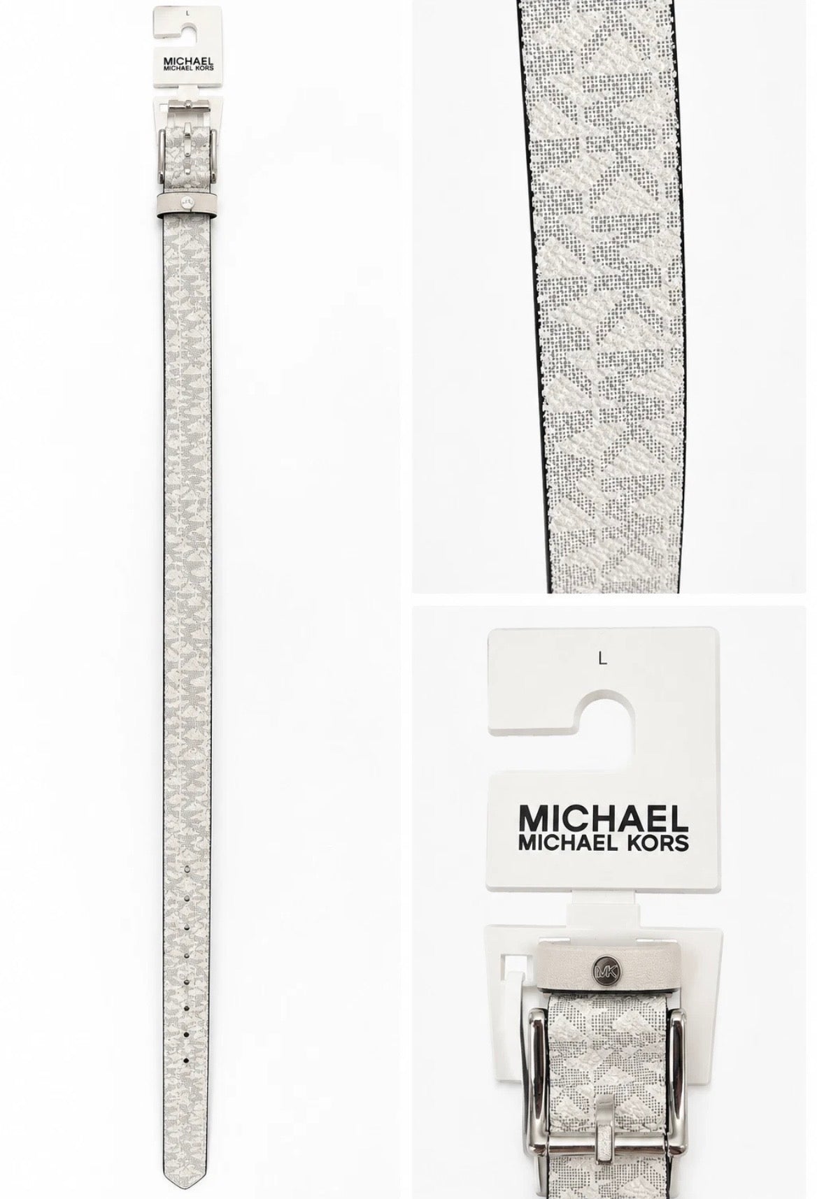 Michael Kors Womens Belt Size Large White Silver MK Thin Belt Skinny Casual SALE