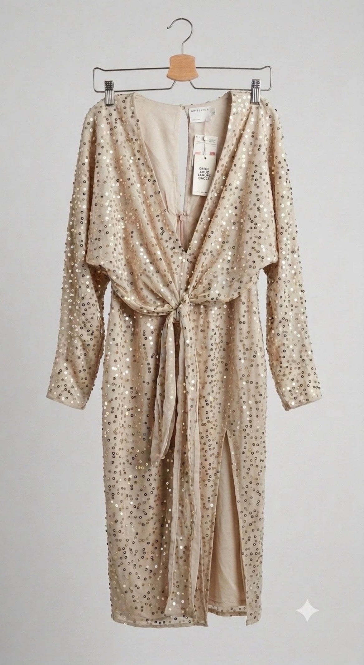 ASOS Design Size 8 Gold Sequin Knot Front Long Sleeve Slit Midi Dress NWT Party
