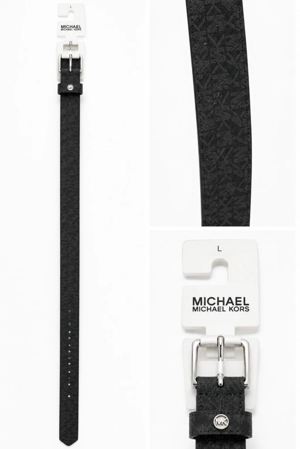 Michael Kors Womens Belt Size Large Black Silver MK Thin Belt Skinny Casual SALE