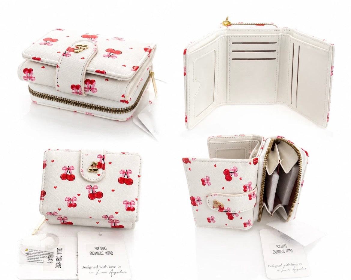 Cherry Print Women’s Bifold Wallet Zip Coin Pocket Card Holder White Mini Purse