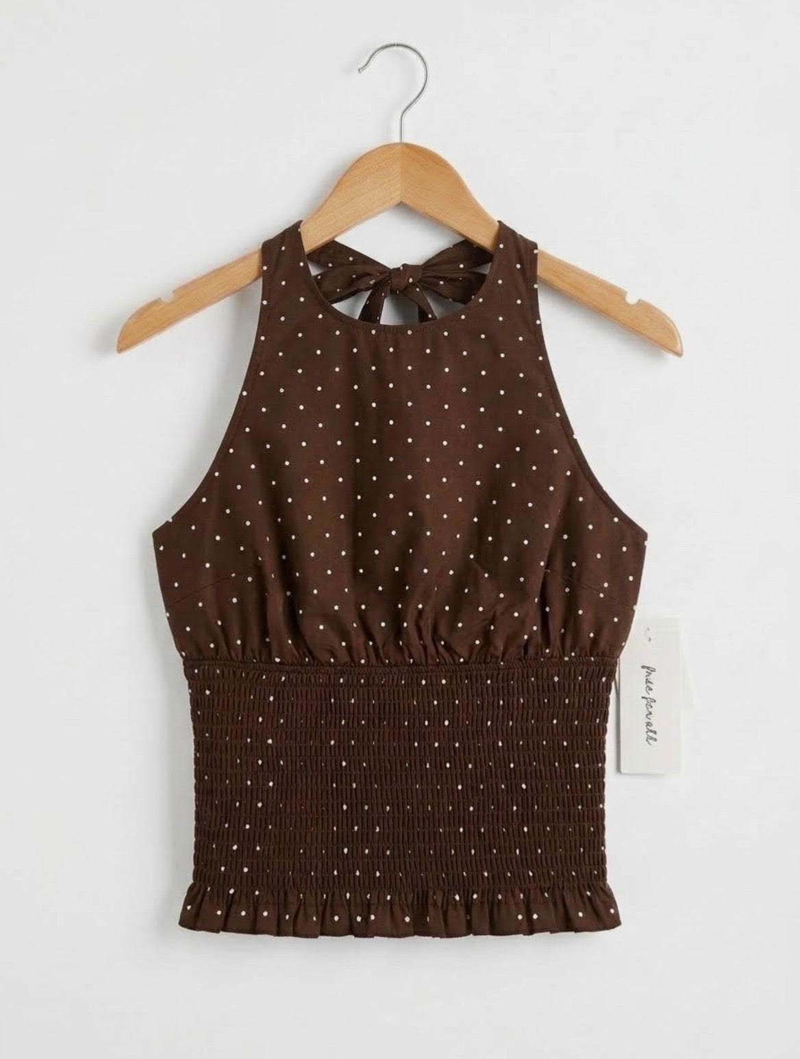 Free For All Womens Size S Brown Polka Dot Smocked Backless Halter Top Tank