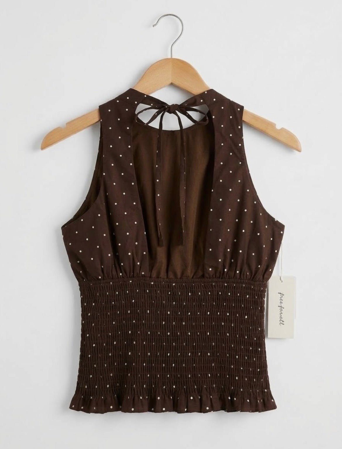 Free For All Womens Size S Brown Polka Dot Smocked Backless Halter Top Tank