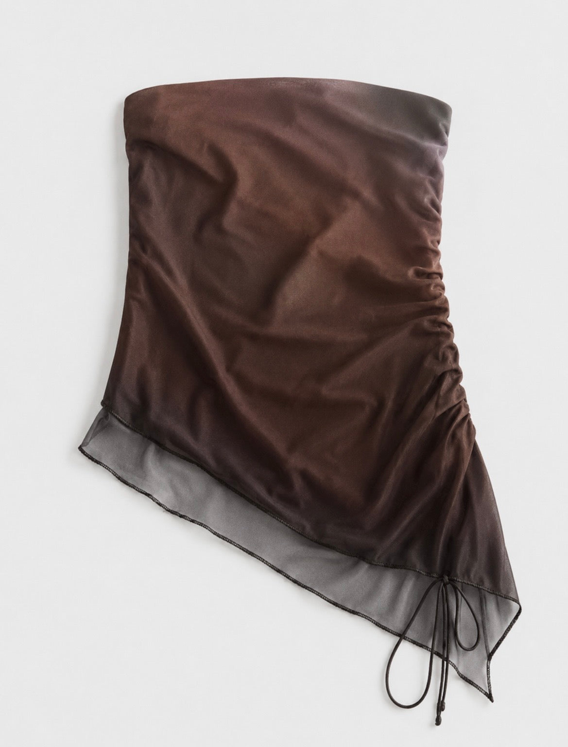 Madden Girl Women’s Brown Crop Sheer Asymmetrical Top Size XS Ruched Tie Detail