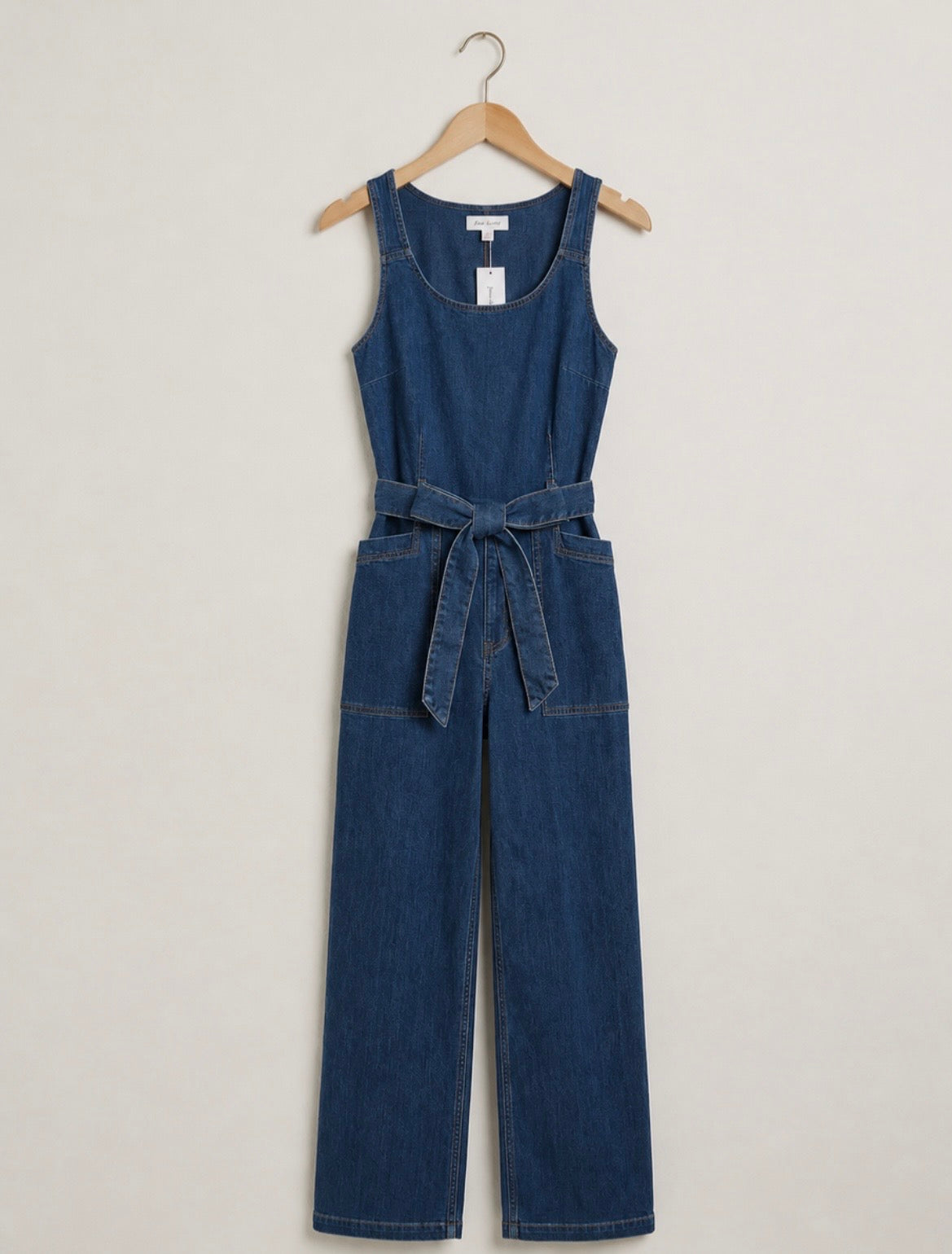 Indulge InStyle Size S Denim Jumpsuit Belted Wide Leg Sleeveless Romper Overall
