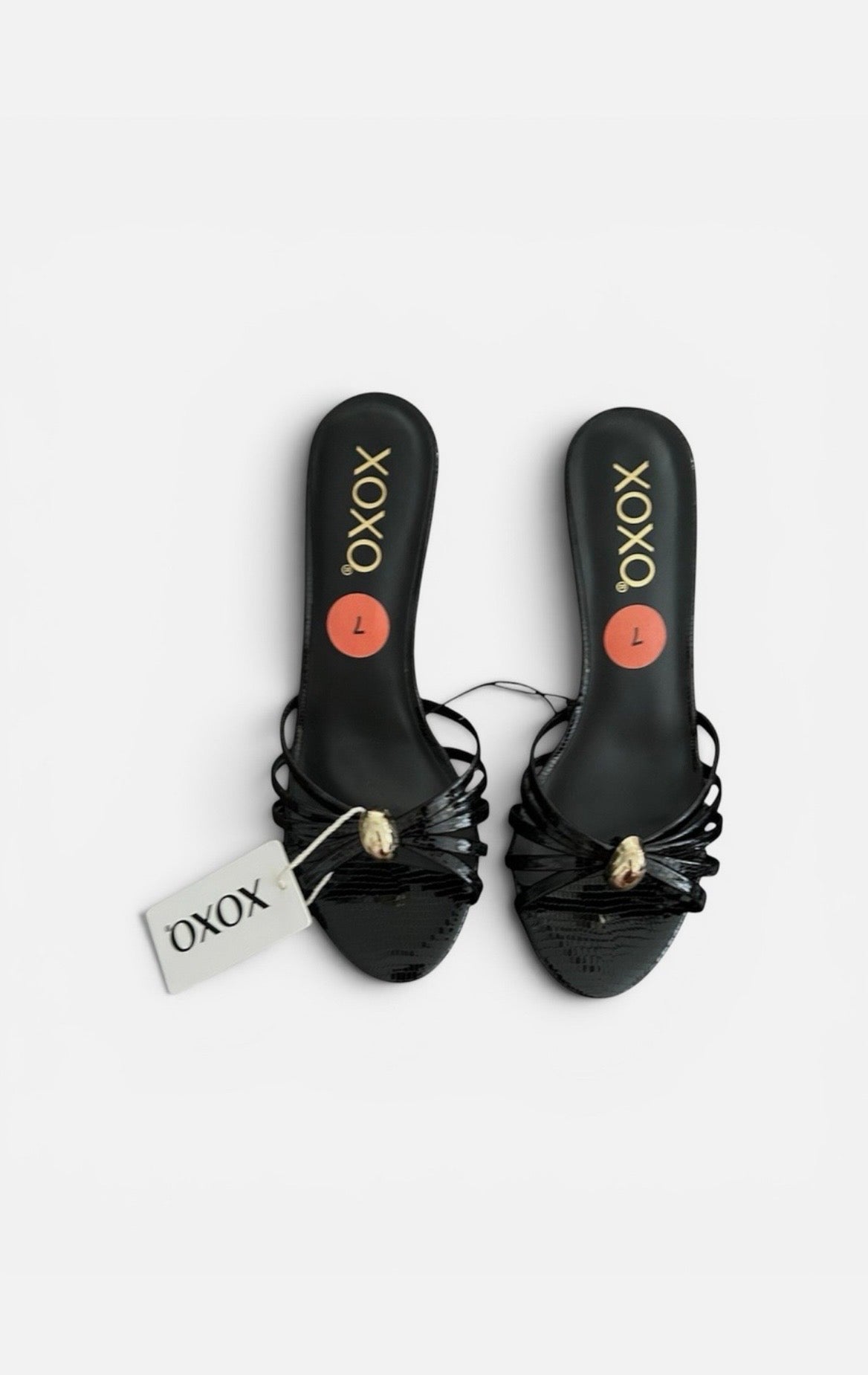 XOXO Black Strappy Mid Heel Slide Sandals Womens Size 7 Open Toe Dress