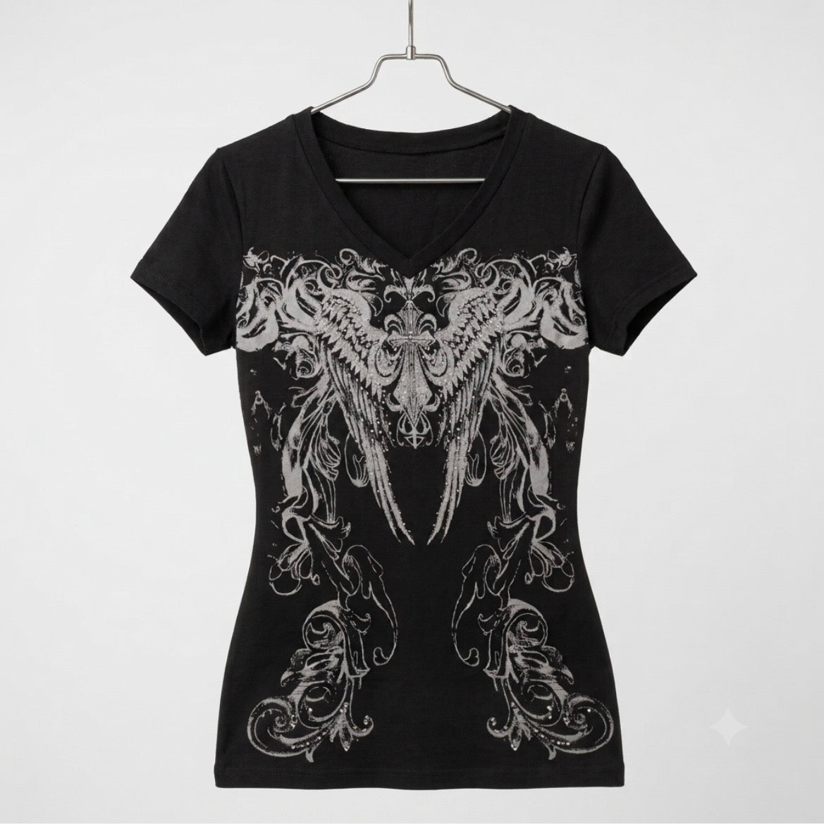 Y2K Graphic V-Neck Tee Black Angel Wings Rhinestone Fitted Top Small