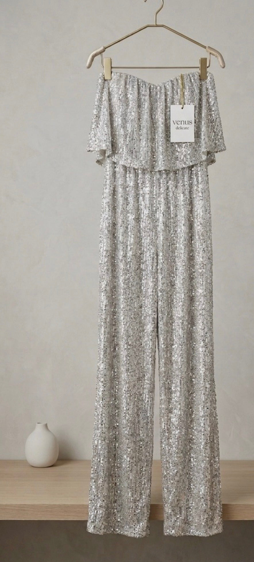 Venus Delicate Silver Sequin Strapless Jumpsuit Wide Leg Party One-Piece Size M