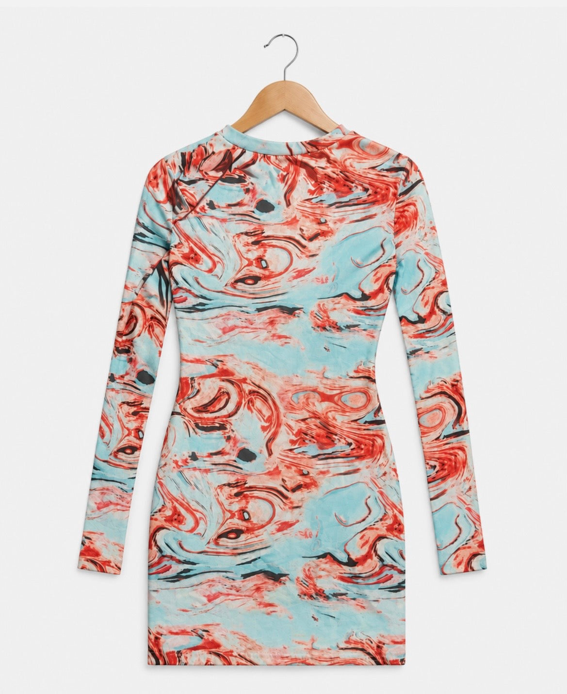 Mock Neck Marble Long Sleeve Bodycon Short Dress Women’s Size S Stretch Mini