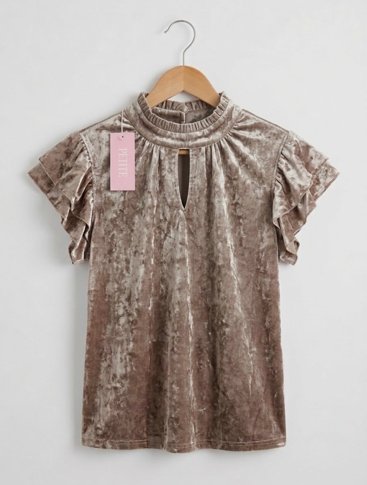Zoey & Leelo Small Taupe Velvet Keyhole Top Flutter Sleeve Blouse Petite