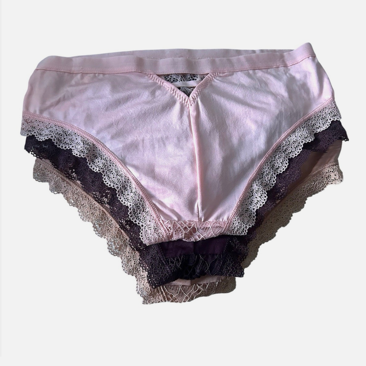 Women’s Lace Bikini Panties 3 Pack Size L Pink Purple Nude Bow Floral Underwear