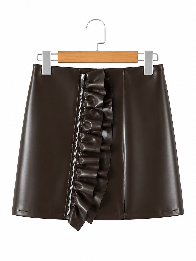 ASOS Brown Faux Leather Mini Skirt Size Small Ruffle Detail Y2K Sexy Chic