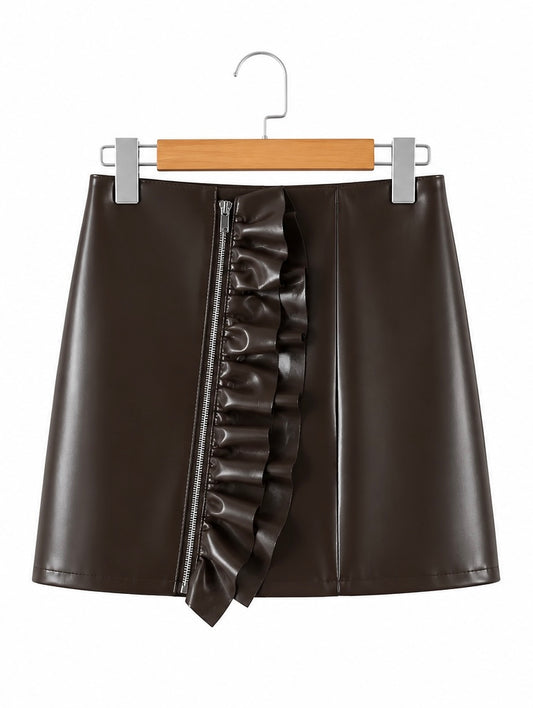 ASOS Brown Faux Leather Mini Skirt Size Small Ruffle Detail Y2K Sexy Chic