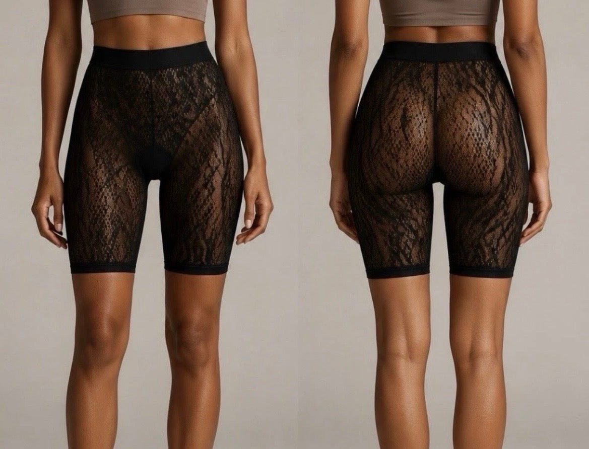Women’s Black High Waist Sheer Mesh Shapewear Shorts Tummy Control Size L