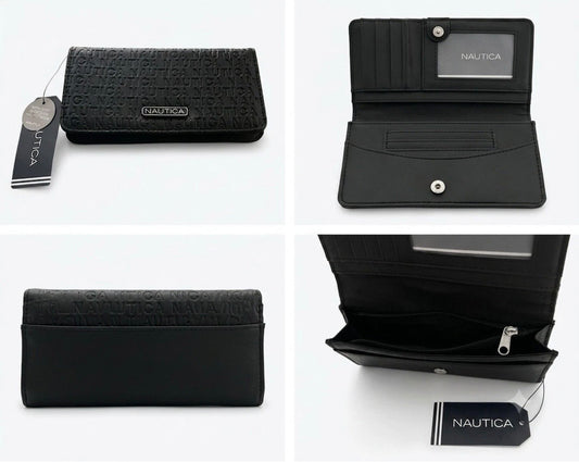 Nautica Women's Black Embossed Trifold Clutch Wallet with RFID Protection SALE!