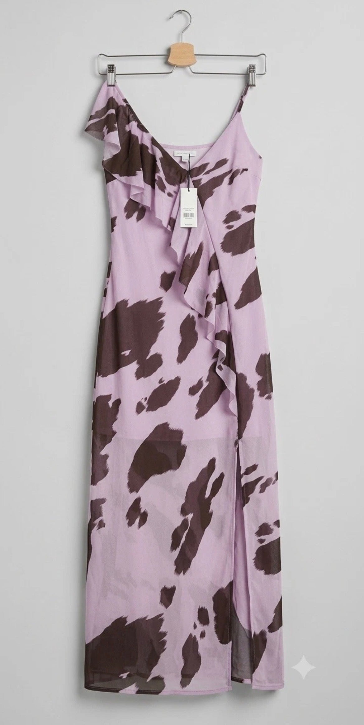 ASOS Design Size 6 Lilac Brown Cow Print Ruffle Slit Maxi Dress NWT Animal Print
