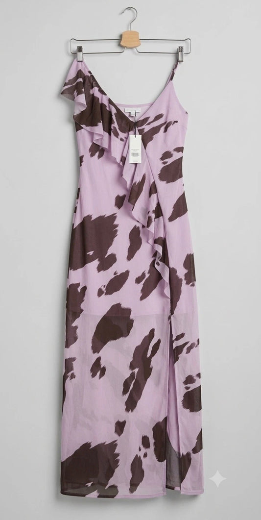 ASOS Design Size 6 Lilac Brown Cow Print Ruffle Slit Maxi Dress NWT Animal Print