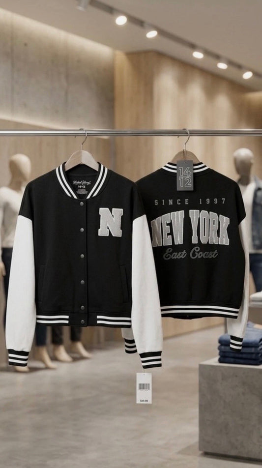 New York East Coast Black Varsity Letterman Jacket Size XL Youth Fourteen Twelve