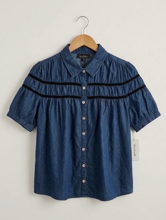 Nicole Miller Blue Denim Chambray Blouse Short Sleeve Womens Size L Ribbed Trim