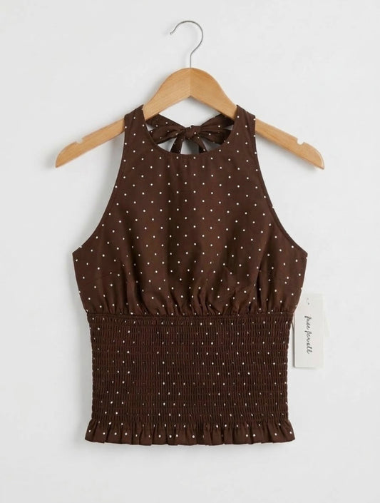 Free For All Womens Size S Brown Polka Dot Smocked Backless Halter Top Tank