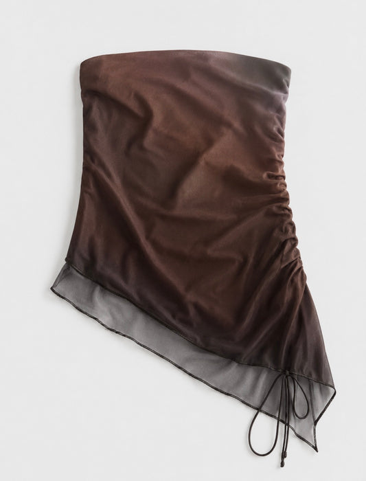 Madden Girl Women’s Brown Crop Sheer Asymmetrical Top Size XS Ruched Tie Detail