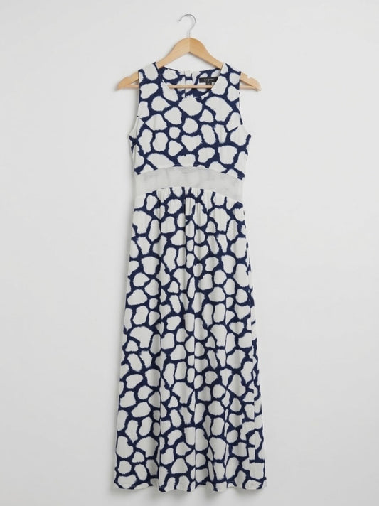 Womens Size 8 Small Printed Maxi Dress Sleeveless Mesh Waist Detail Long Dress