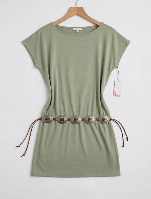 Rhyme + Reason Womens XS Sage Green Short Sleeve Oval Concho Belted Tunic Top