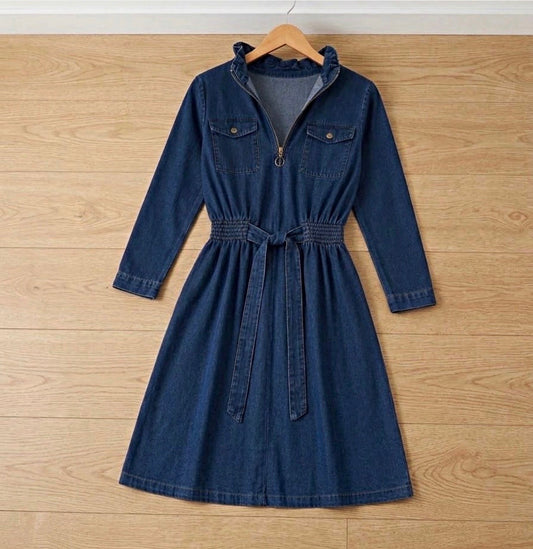 Women’s Denim Blue Long Sleeve Zip Front Belted Shirt Dress Smocked Waist S/M
