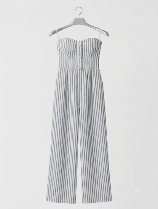 Derek Heart Striped Strapless Jumpsuit Size Small Wide Leg Button Front Romper