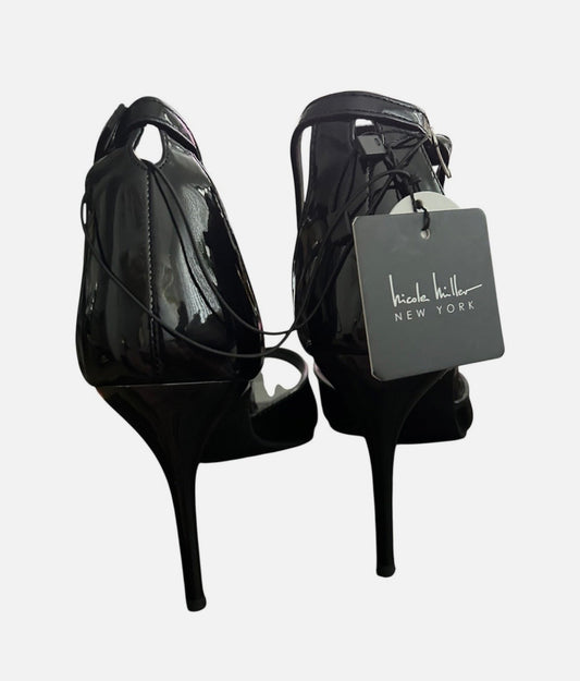 Nicole Miller Black Patent Open Toe Ankle Strap High Heel Sandals Size 10 US