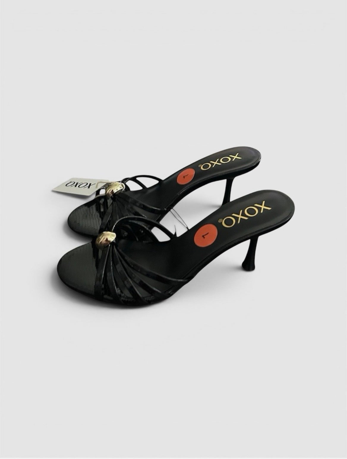 XOXO Black Strappy Mid Heel Slide Sandals Womens Size 7 Open Toe Dress
