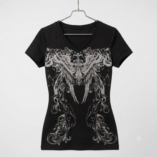 Y2K Graphic V-Neck Tee Black Angel Wings Rhinestone Fitted Top Small