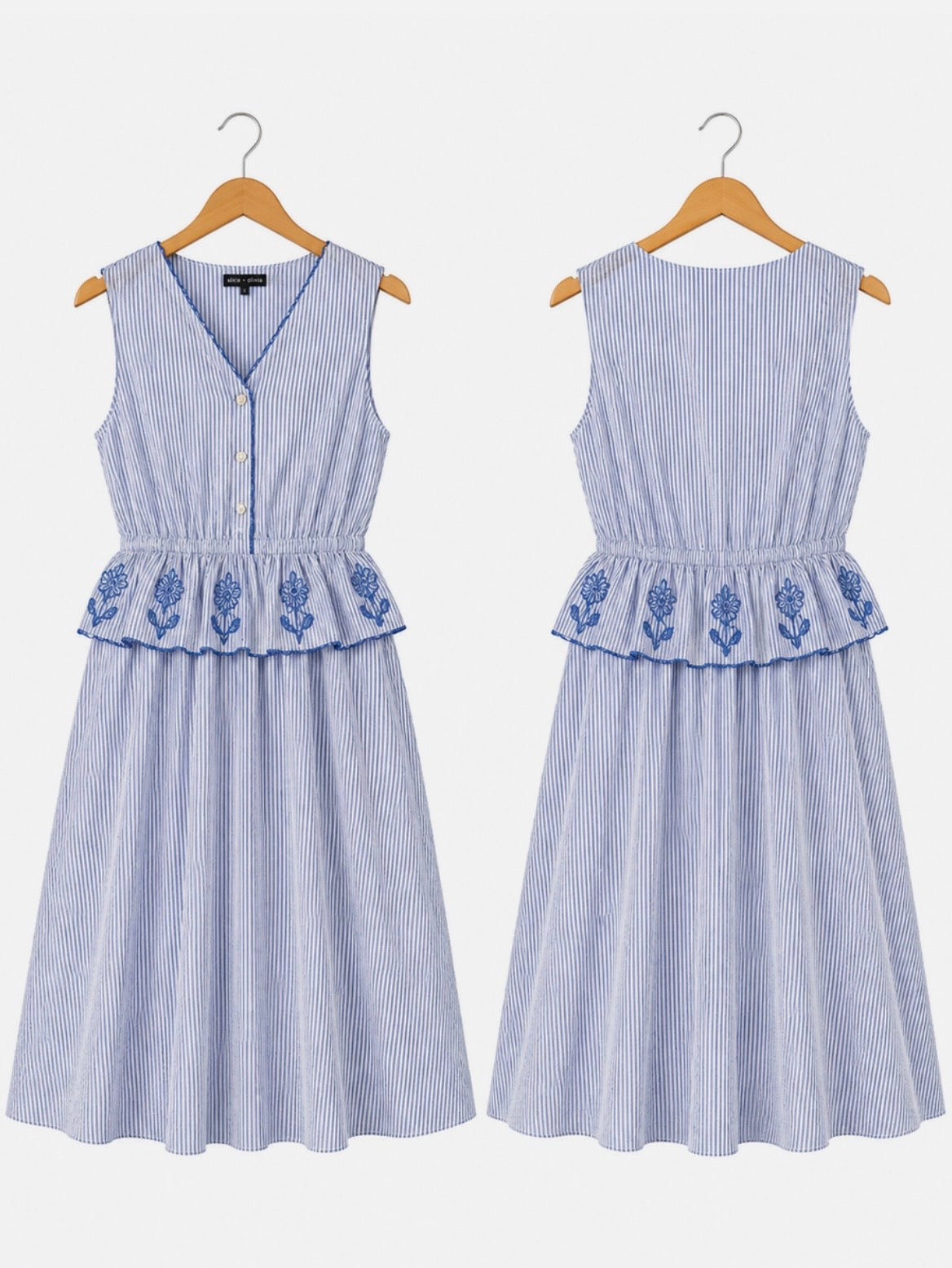 Alice Blue Striped Embroidered Midi Dress Size M Sleeveless Peplum Floral