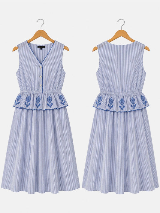 Alice Blue Striped Embroidered Midi Dress Size M Sleeveless Peplum Floral