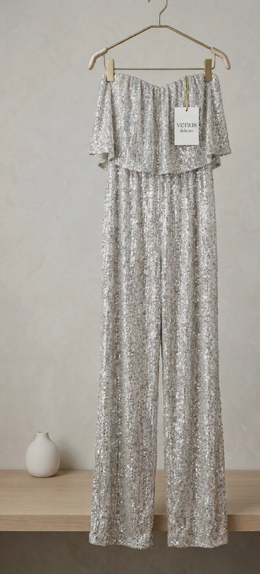 Venus Delicate Silver Sequin Strapless Jumpsuit Wide Leg Party One-Piece Size M