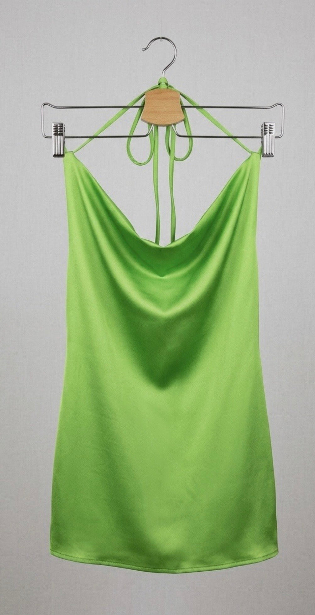 Pull&Bear Neon Green Satin Cowl Neck Backless Halter Sexy Mini Dress Size Small