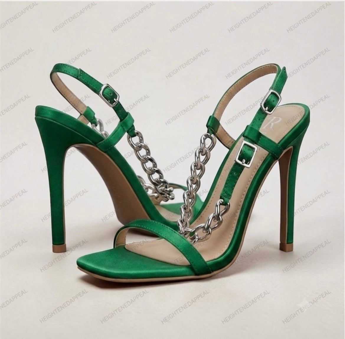 RAID Wide Fit Green Satin Chain Link Stiletto Sandals High Heels Women's Size 9