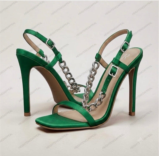 RAID Wide Fit Green Satin Chain Link Stiletto Sandals High Heels Women's Size 9