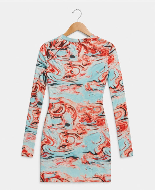 Mock Neck Marble Long Sleeve Bodycon Short Dress Women’s Size S Stretch Mini