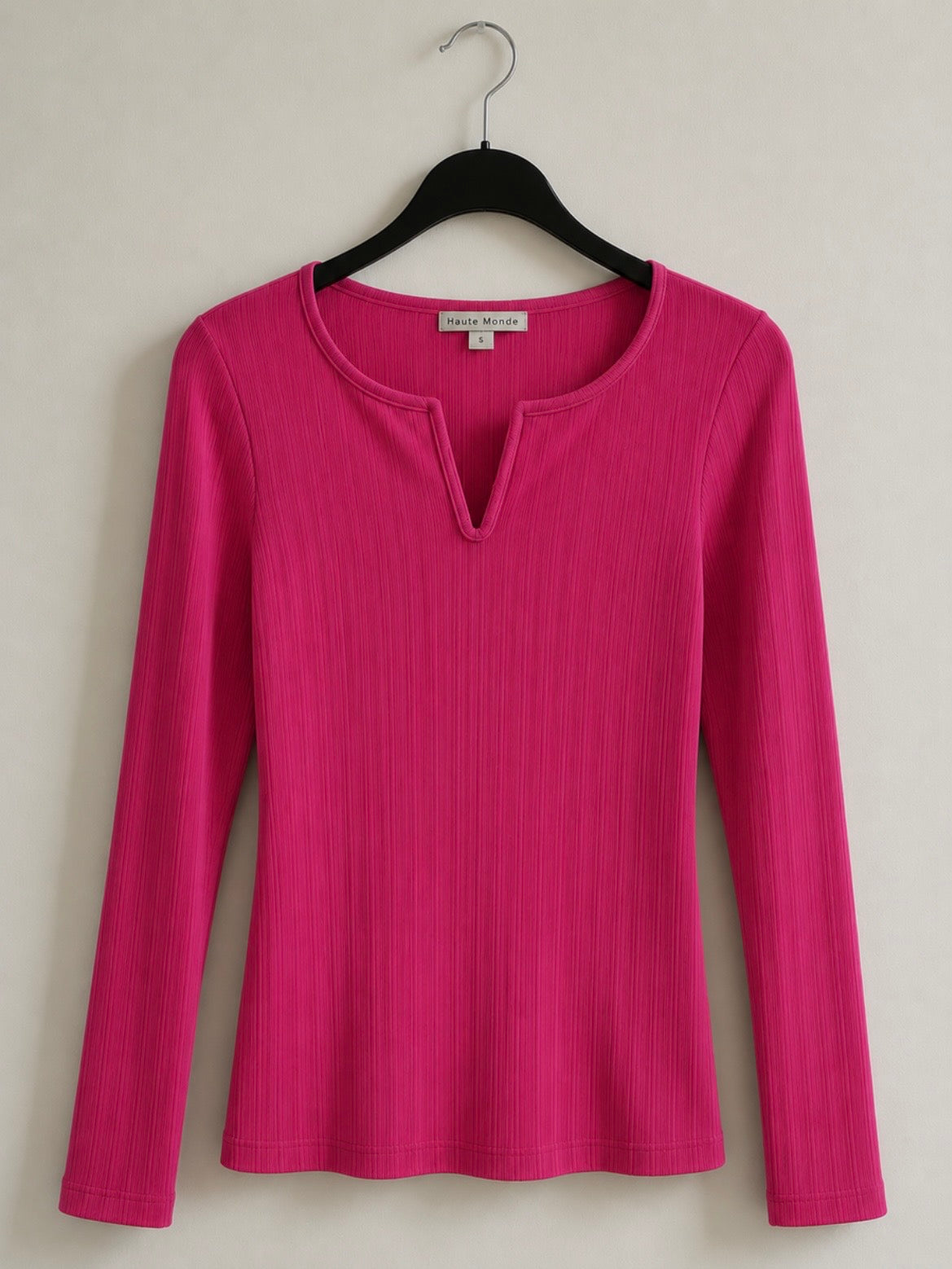 Haute Monde Women’s Pink Ribbed Knit Long Sleeve V-Notch Knit Top Size S