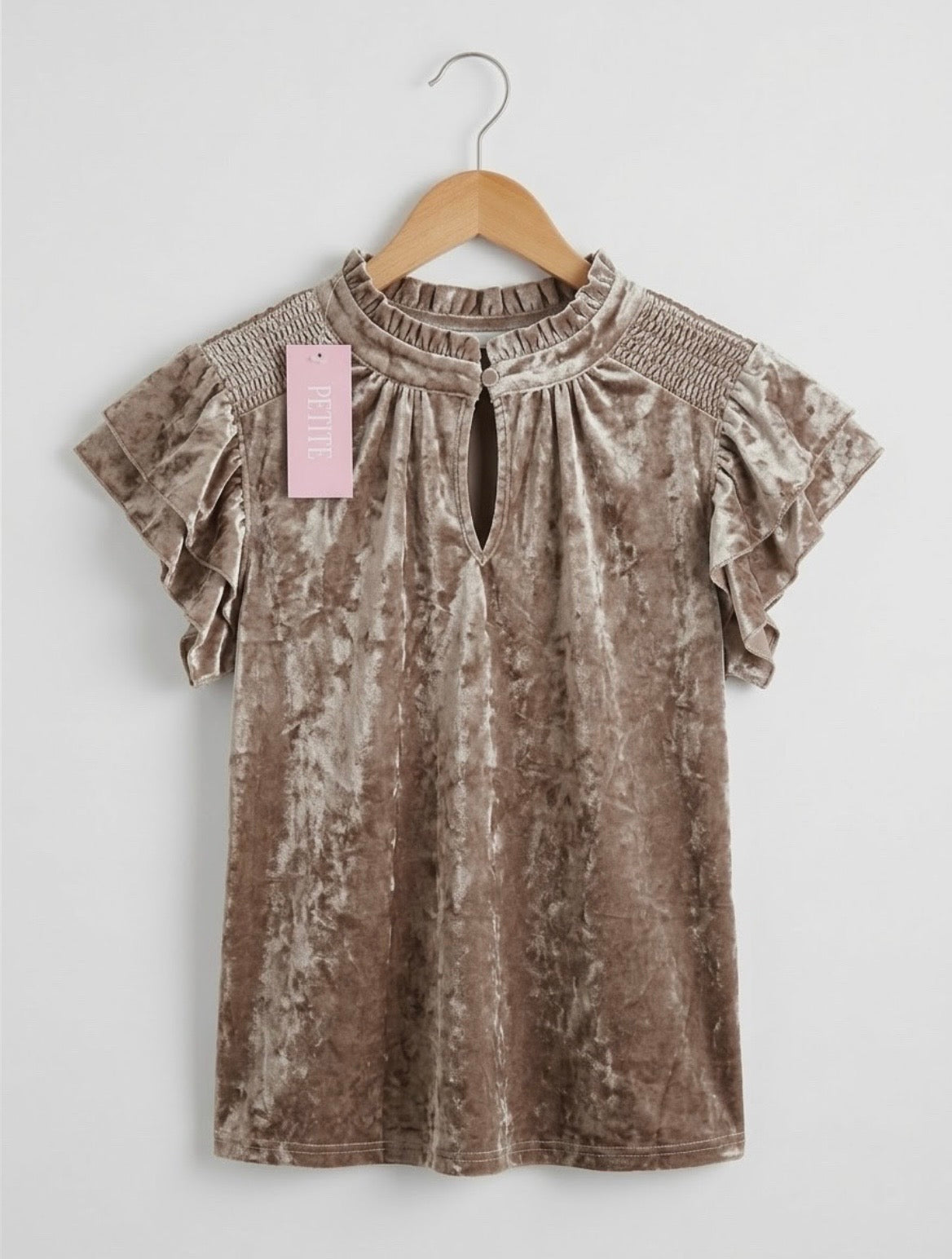 Zoey & Leelo Small Taupe Velvet Keyhole Top Flutter Sleeve Blouse Petite