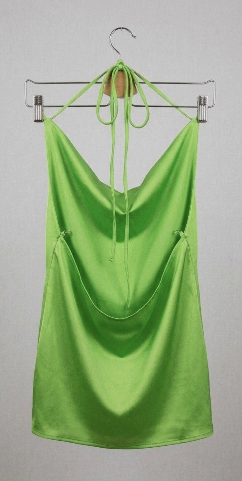 Pull&Bear Neon Green Satin Cowl Neck Backless Halter Sexy Mini Dress Size Small
