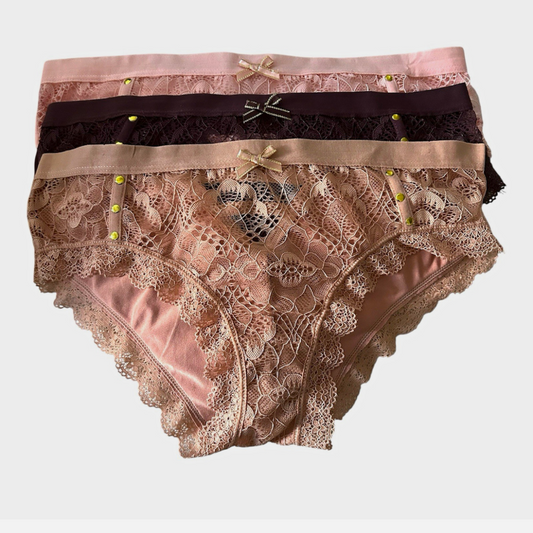 Women’s Lace Bikini Panties 3 Pack Size L Pink Purple Nude Bow Floral Underwear