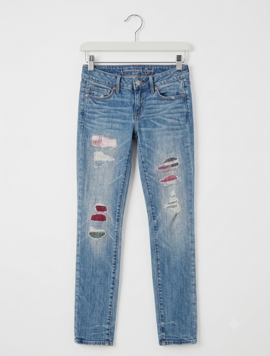 American Eagle Distressed Patchwork Jeans Size 4 Womens Blue Denim Straight Leg